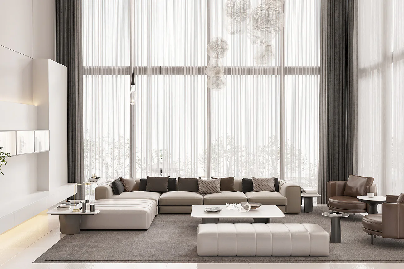 Sheer curtains and drapes in a double-height Gold Coast living room